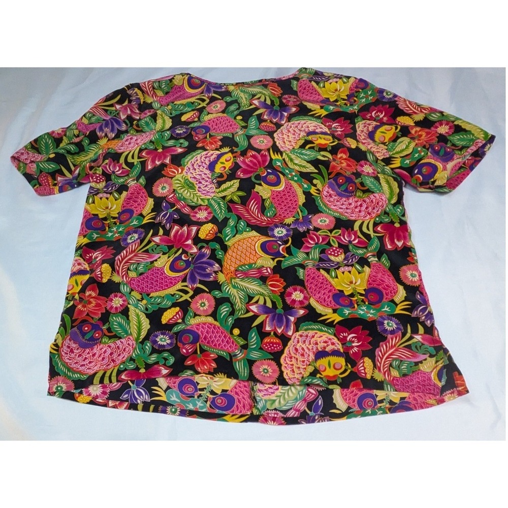 Dana Buchman Silk Blouse Womens 16 Multicolor Excellent Koi Fish Floral Print